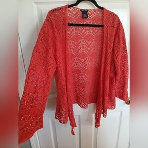 Women's Katie Todd Coral Open-Front Sweater Crochet Cotton Vacation Cruise Boho
